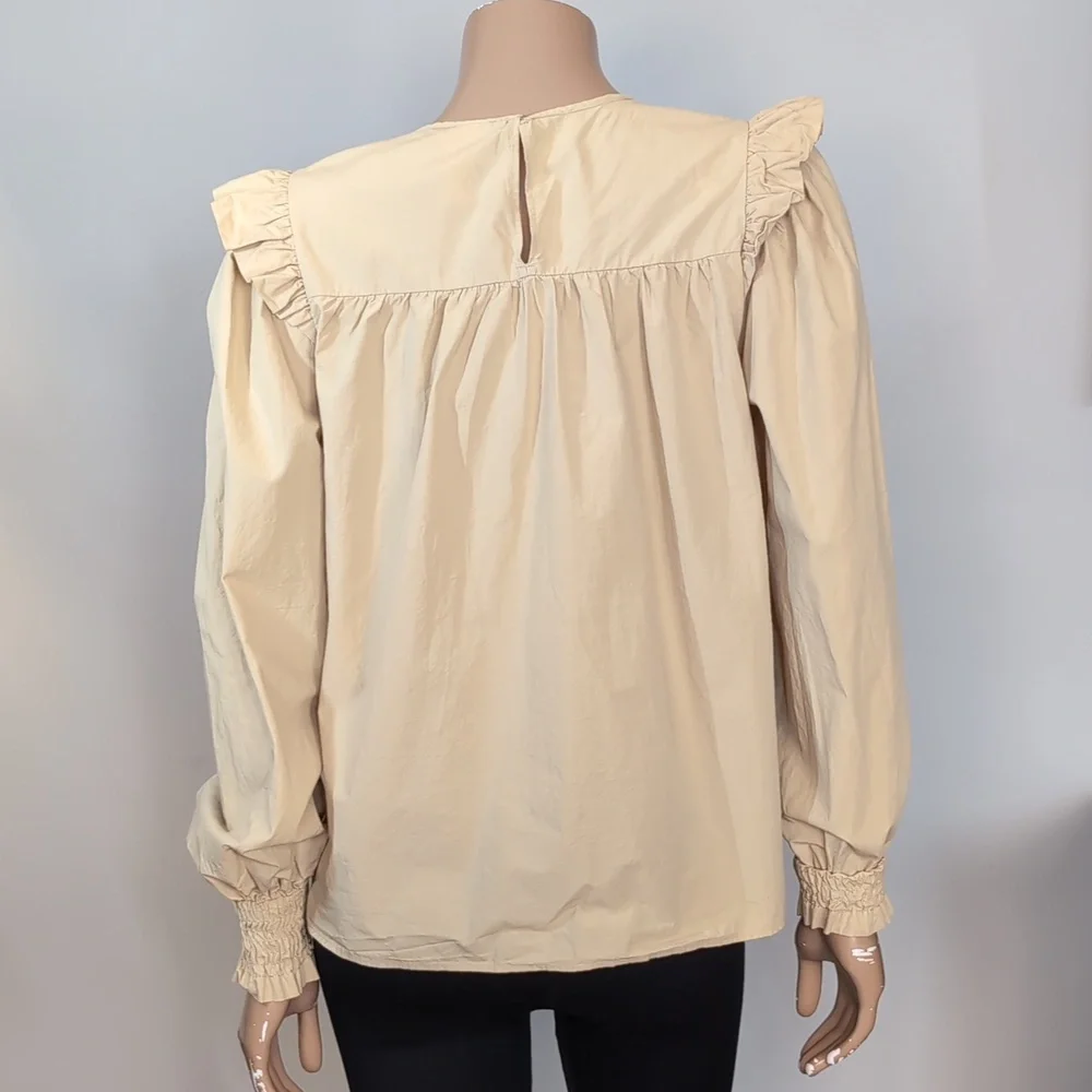 H&M Cream Ruffle Detail Blouse Womens Size Small Long Sleeve Smocked Cuffs - Picture 8 of 15